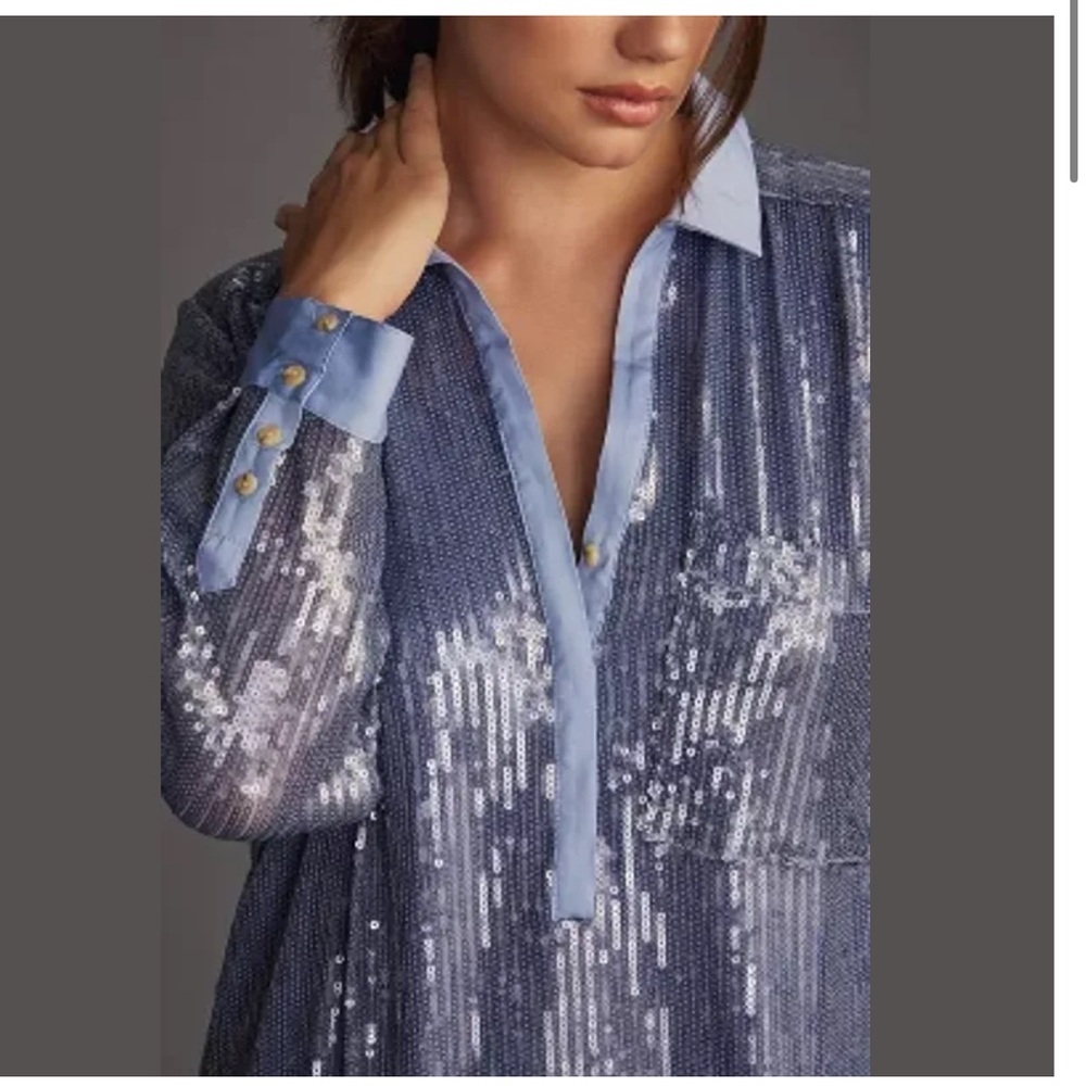 Pilcro Long Sleeve Sequin Mini Shirt Dress Blue Womens Size XL Collard Neckline - Picture 2 of 12